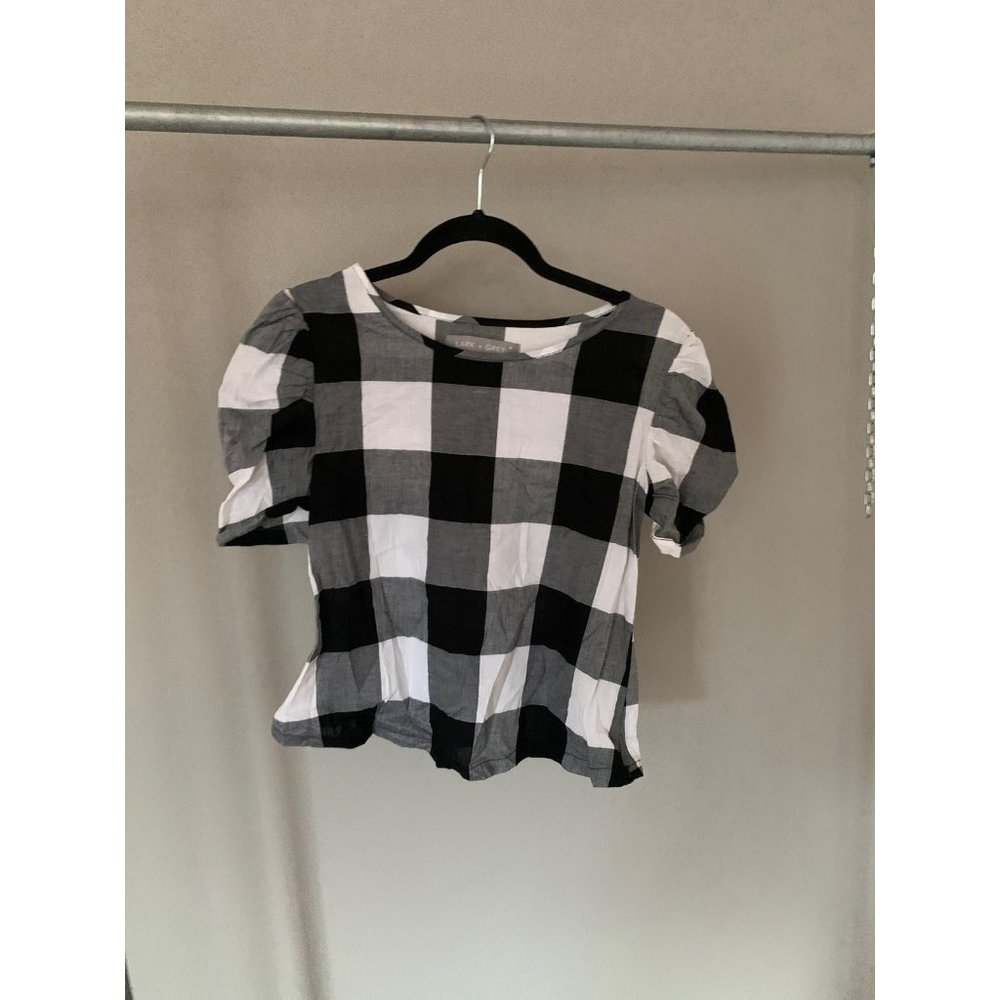Lark + Grey black white grey checkered plaid medium crop top puff AFALLON